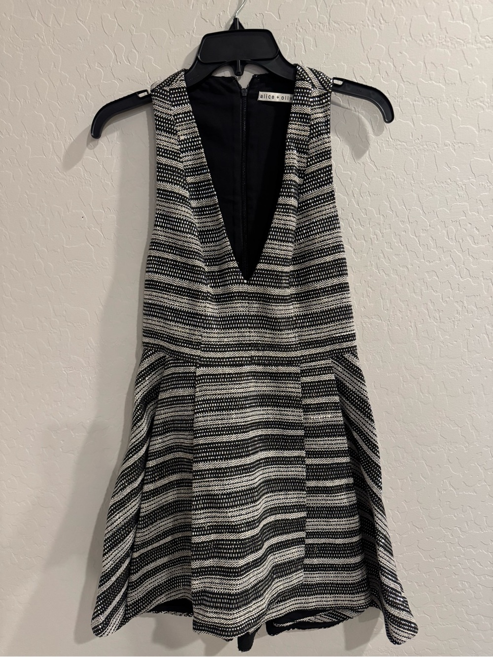 Alice + Olivia Black and White Striped V-Neck Mini Dress
